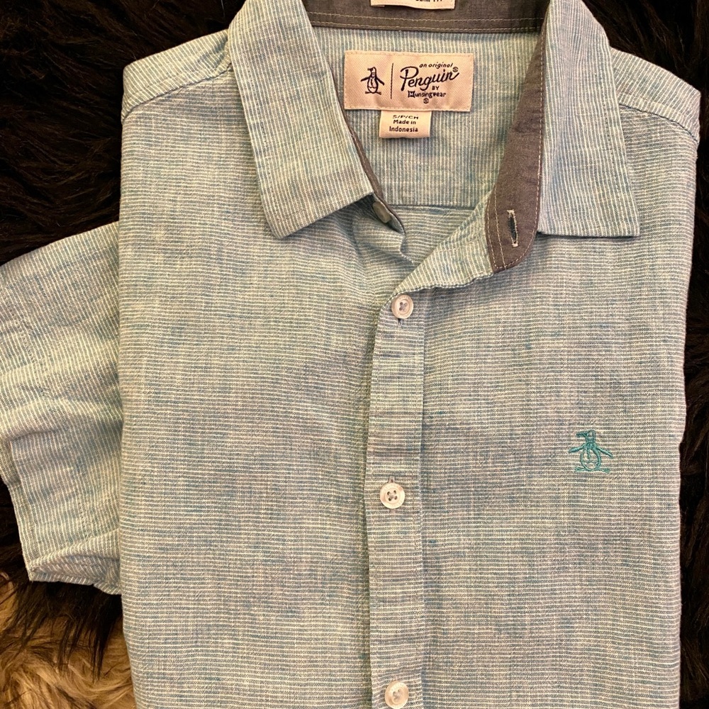 Penguin Original Men’s Linen Blend Weathered Blue & White Ticking Stripe Shirt!